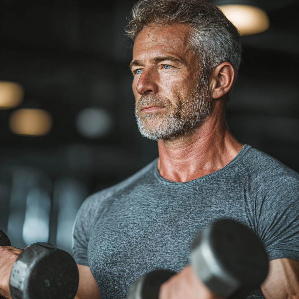 Mature man in his 50s doing strength training with dumbbells in well-equipped gym, displaying proper form and concentration during his fitness session